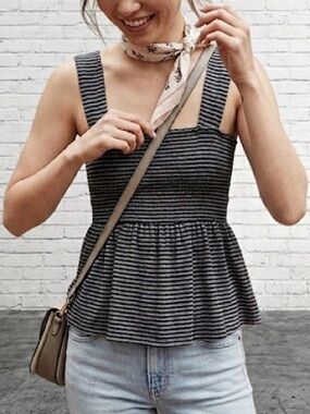 Madewell Texture & Thread Smocked Peplum Tank Top Stripe Size Medium Navy Blue